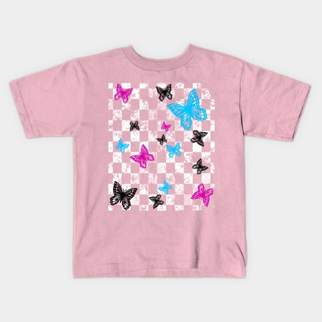 Butterfly Checkerboard (Light Version) Kids T-Shirt by Jan Grackle